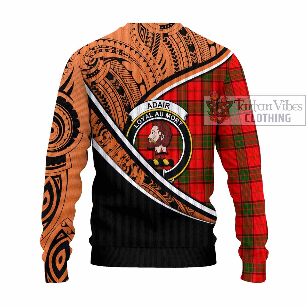 Tartan Vibes Clothing Adair Crest Tartan Knitted Sweater with Maori Tattoo Style - Orange Version