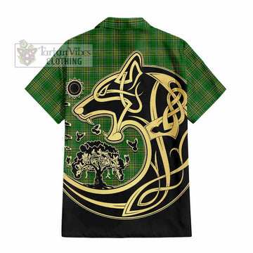 Adair Irish Tartan Short Sleeve Button Shirt with Coat of Arms Celtic Wolf Style