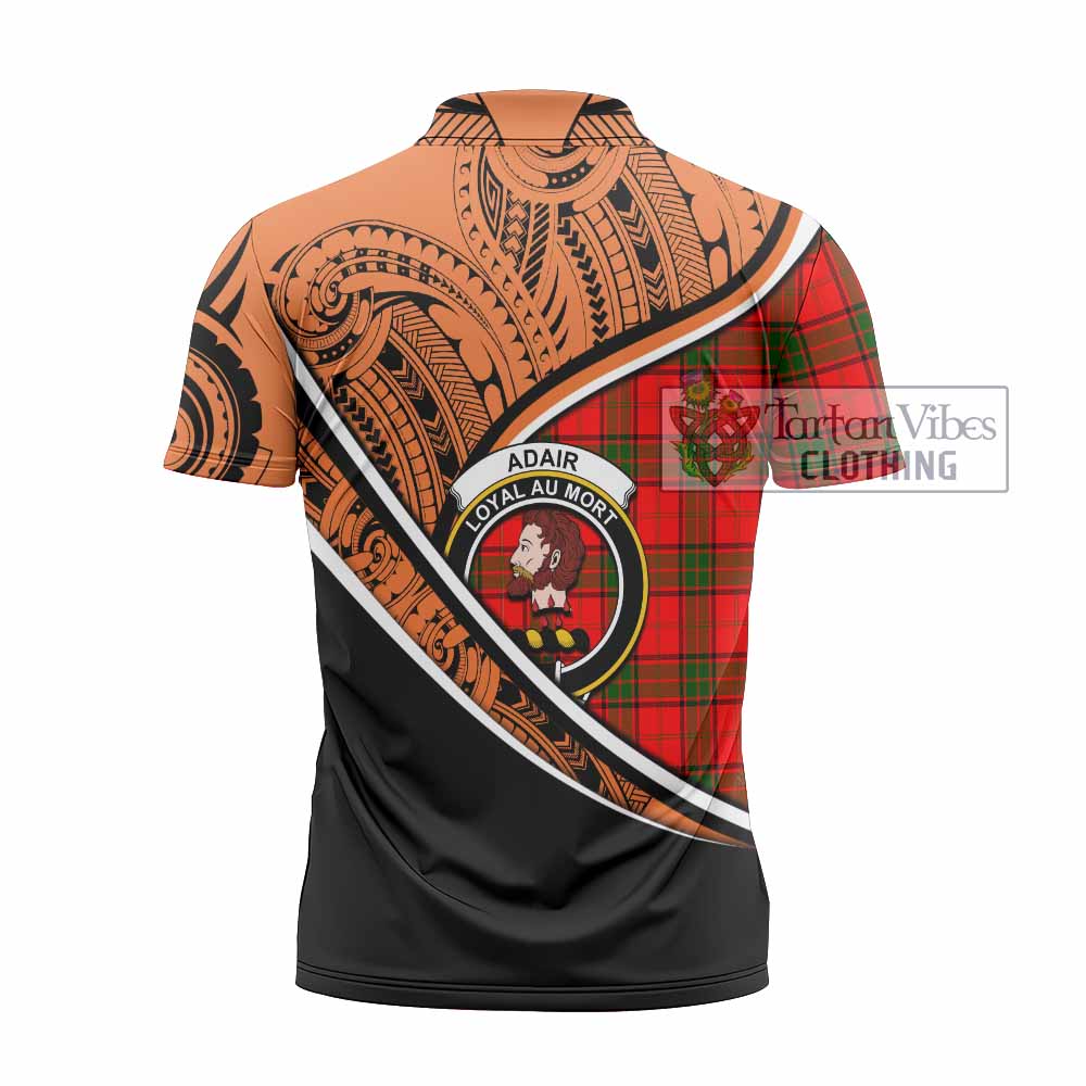 Tartan Vibes Clothing Adair Crest Tartan Zipper Polo Shirt with Maori Tattoo Style - Orange Version