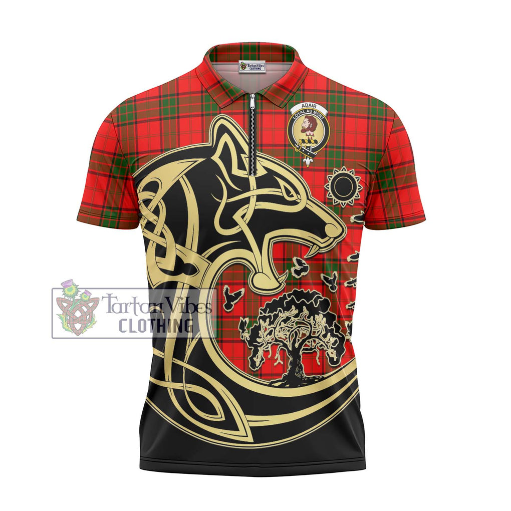 Adair Tartan Zipper Polo Shirt with Family Crest Celtic Wolf Style - Tartanvibesclothing Shop