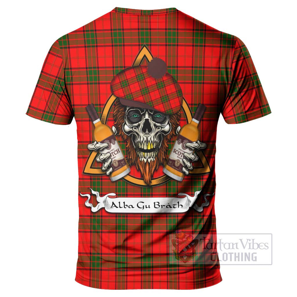 Tartan Vibes Clothing Adair Tartan T-Shirt with Family Crest and Bearded Skull Holding Bottles of Whiskey