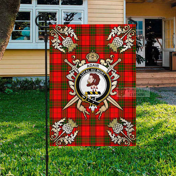 Adair Tartan Flag with Family Crest and Golden Thistle Crossed Sword Design