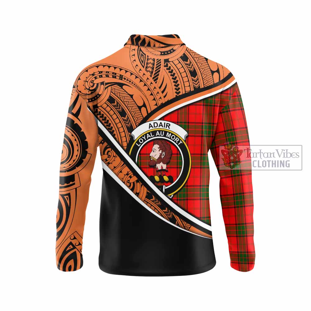 Tartan Vibes Clothing Adair Crest Tartan Long Sleeve Polo Shirt with Maori Tattoo Style - Orange Version