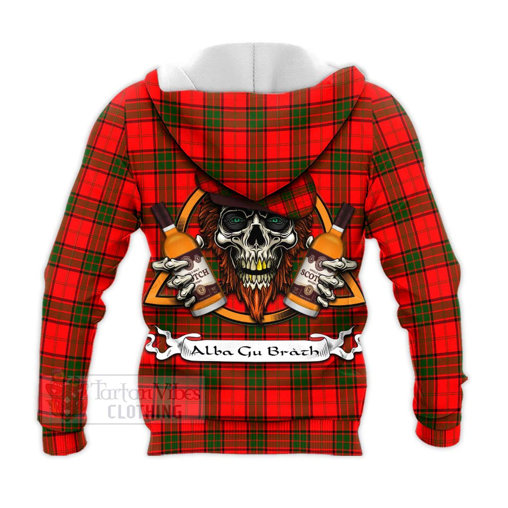 Tartan Vibes Clothing Adair Tartan Knitted Hoodie with Family Crest and Bearded Skull Holding Bottles of Whiskey