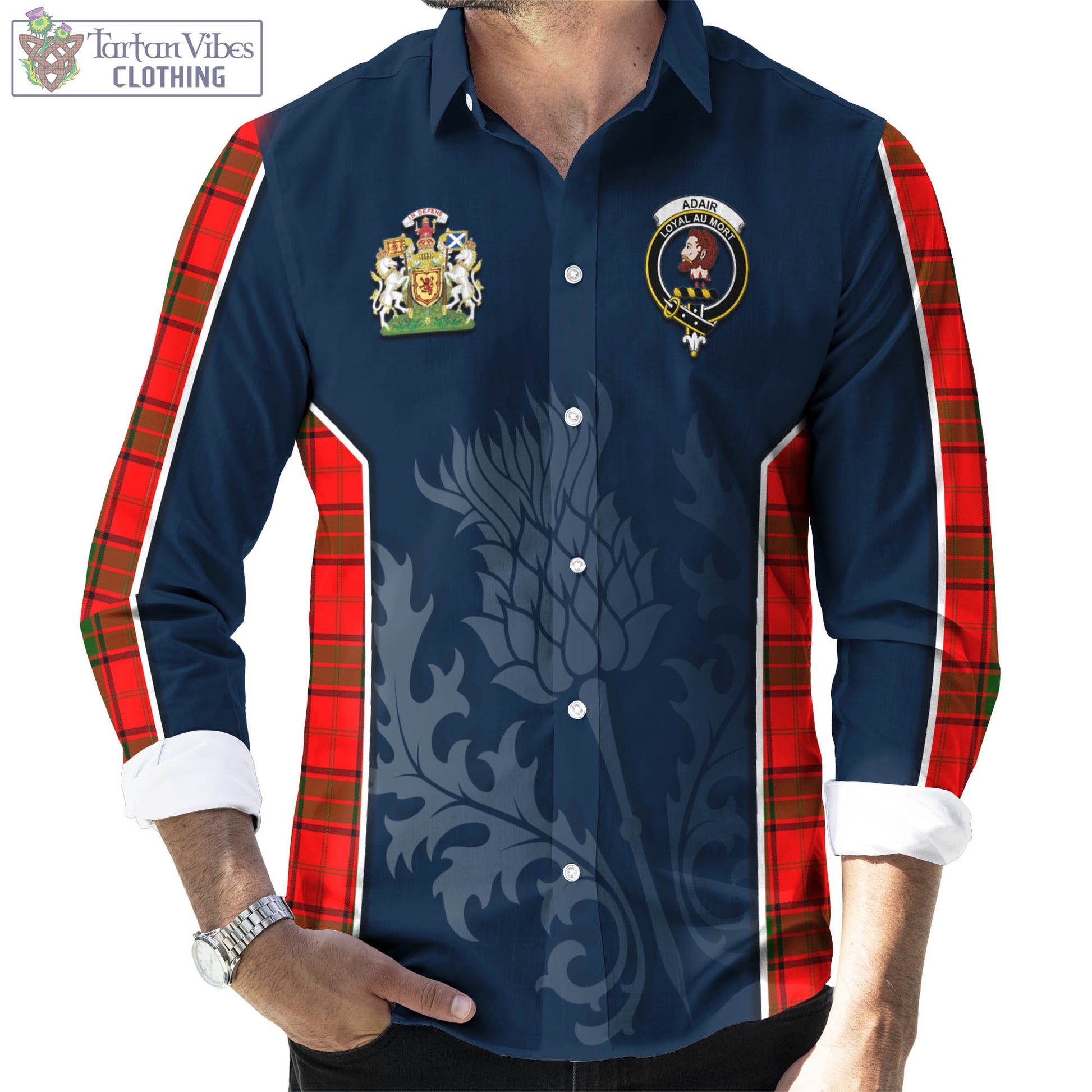 Tartan Vibes Clothing Adair Tartan Long Sleeve Button Up Shirt with Family Crest and Scottish Thistle Vibes Sport Style