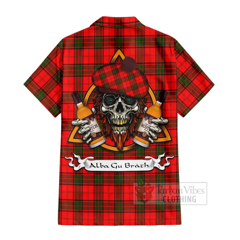 Tartan Vibes Clothing Adair Tartan Short Sleeve Button Shirt with Family Crest and Bearded Skull Holding Bottles of Whiskey