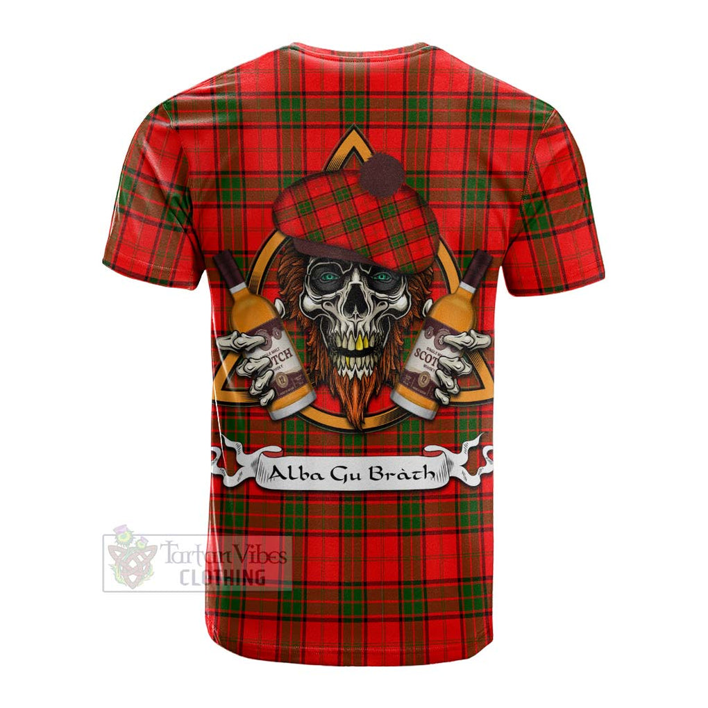 Tartan Vibes Clothing Adair Tartan Cotton T-shirt with Family Crest and Bearded Skull Holding Bottles of Whiskey