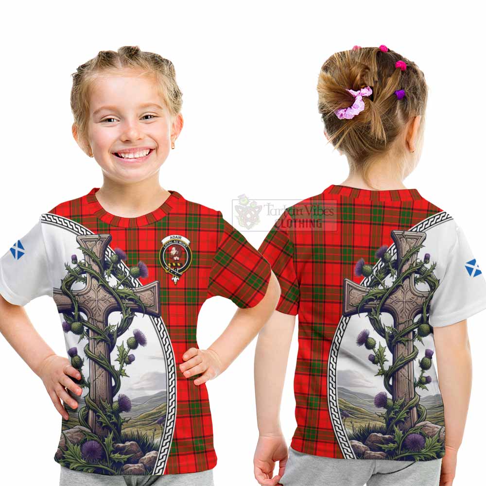 Tartan Vibes Clothing Adair Tartan Kid T-Shirt with Family Crest and St. Andrew's Cross Accented by Thistle Vines