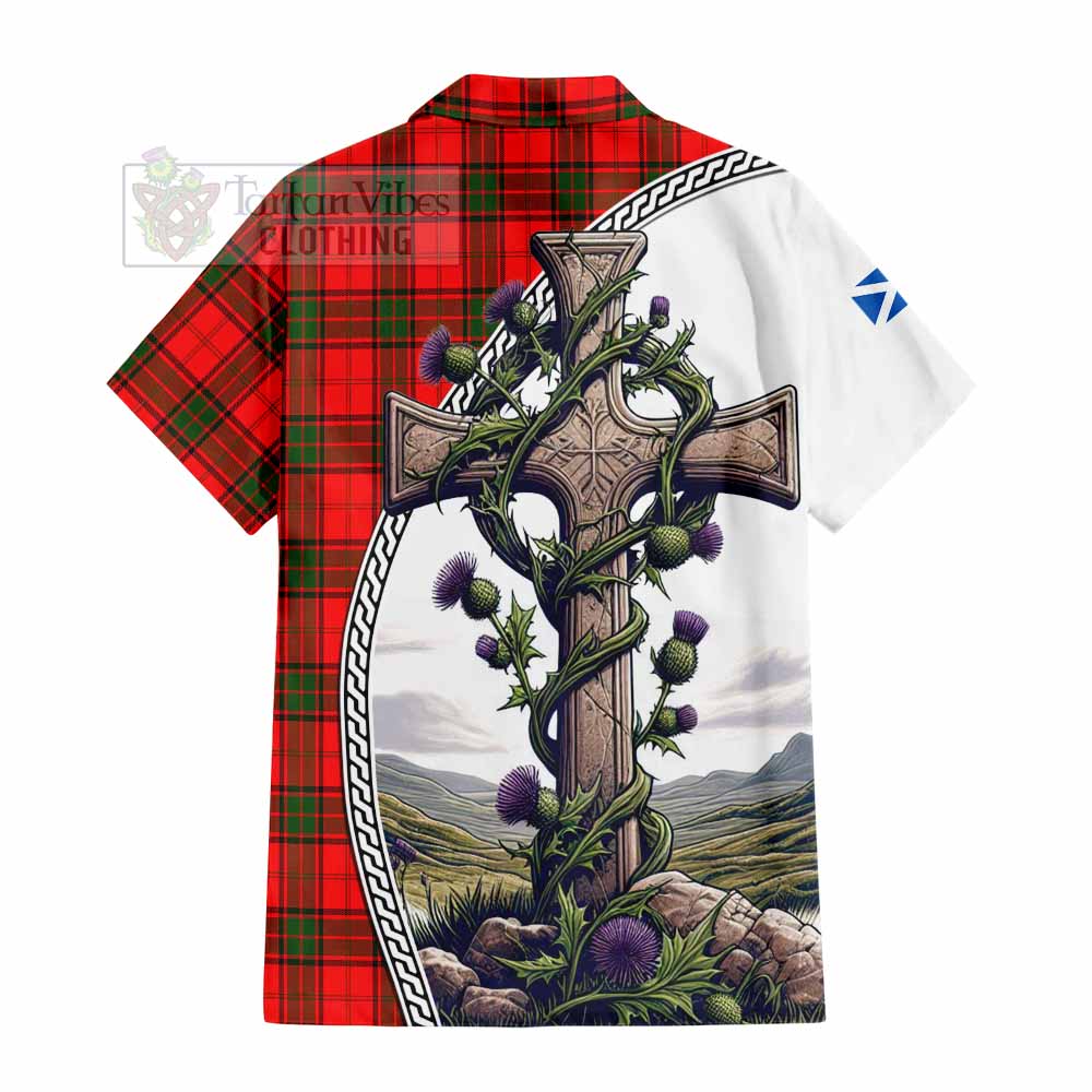 Tartan Vibes Clothing Adair Tartan Short Sleeve Button Shirt with Family Crest and St. Andrew's Cross Accented by Thistle Vines