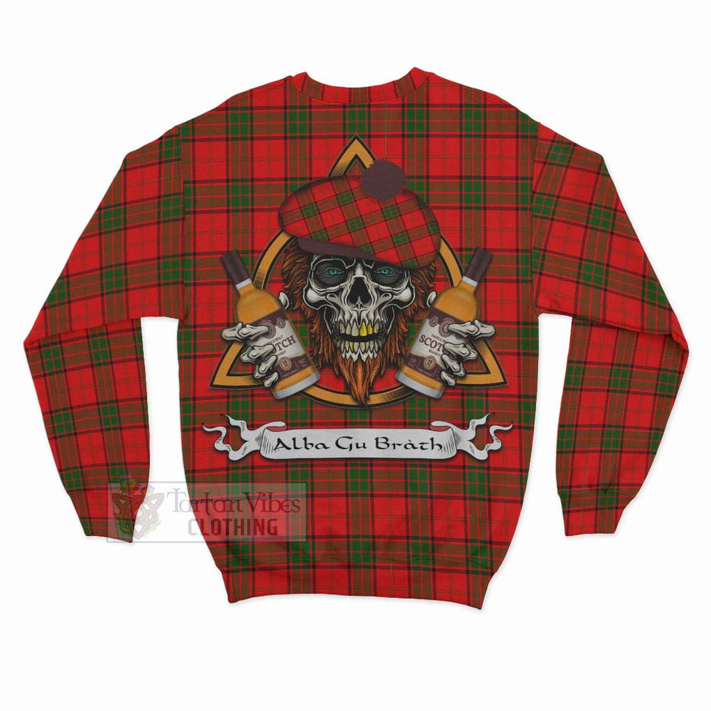 Tartan Vibes Clothing Adair Tartan Sweatshirt with Family Crest and Bearded Skull Holding Bottles of Whiskey