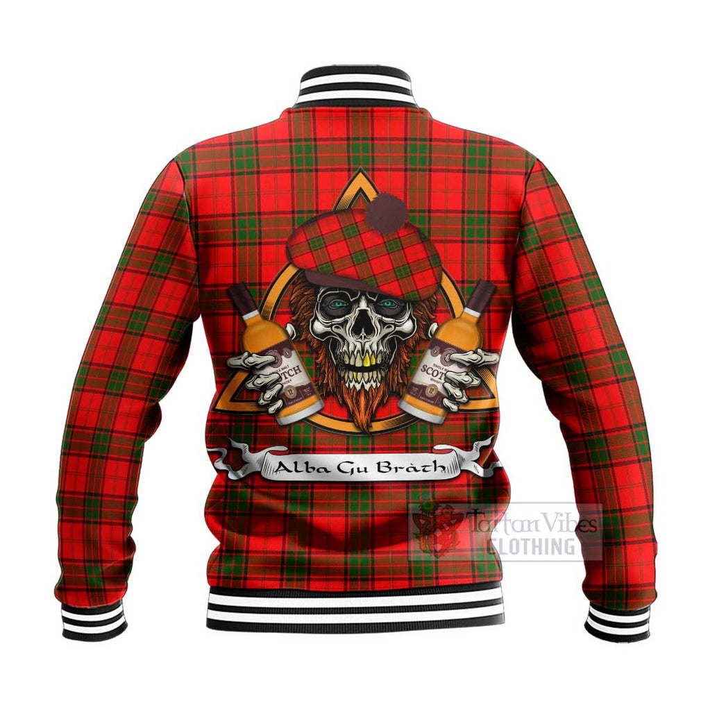 Tartan Vibes Clothing Adair Tartan Baseball Jacket with Family Crest and Bearded Skull Holding Bottles of Whiskey