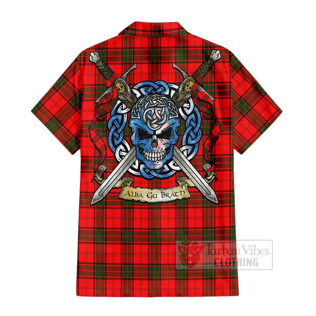 Tartan Vibes Clothing Adair Tartan Short Sleeve Button Shirt with Family Crest Celtic Skull Style