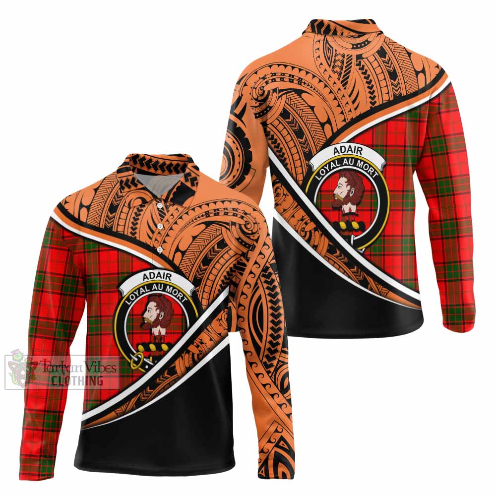 Tartan Vibes Clothing Adair Crest Tartan Long Sleeve Polo Shirt with Maori Tattoo Style - Orange Version