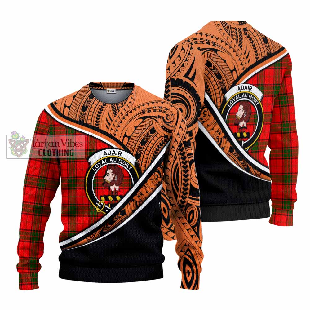 Tartan Vibes Clothing Adair Crest Tartan Knitted Sweater with Maori Tattoo Style - Orange Version