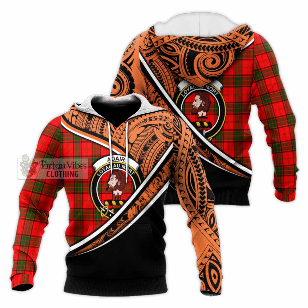 Tartan Vibes Clothing Adair Crest Tartan Knitted Hoodie with Maori Tattoo Style - Orange Version