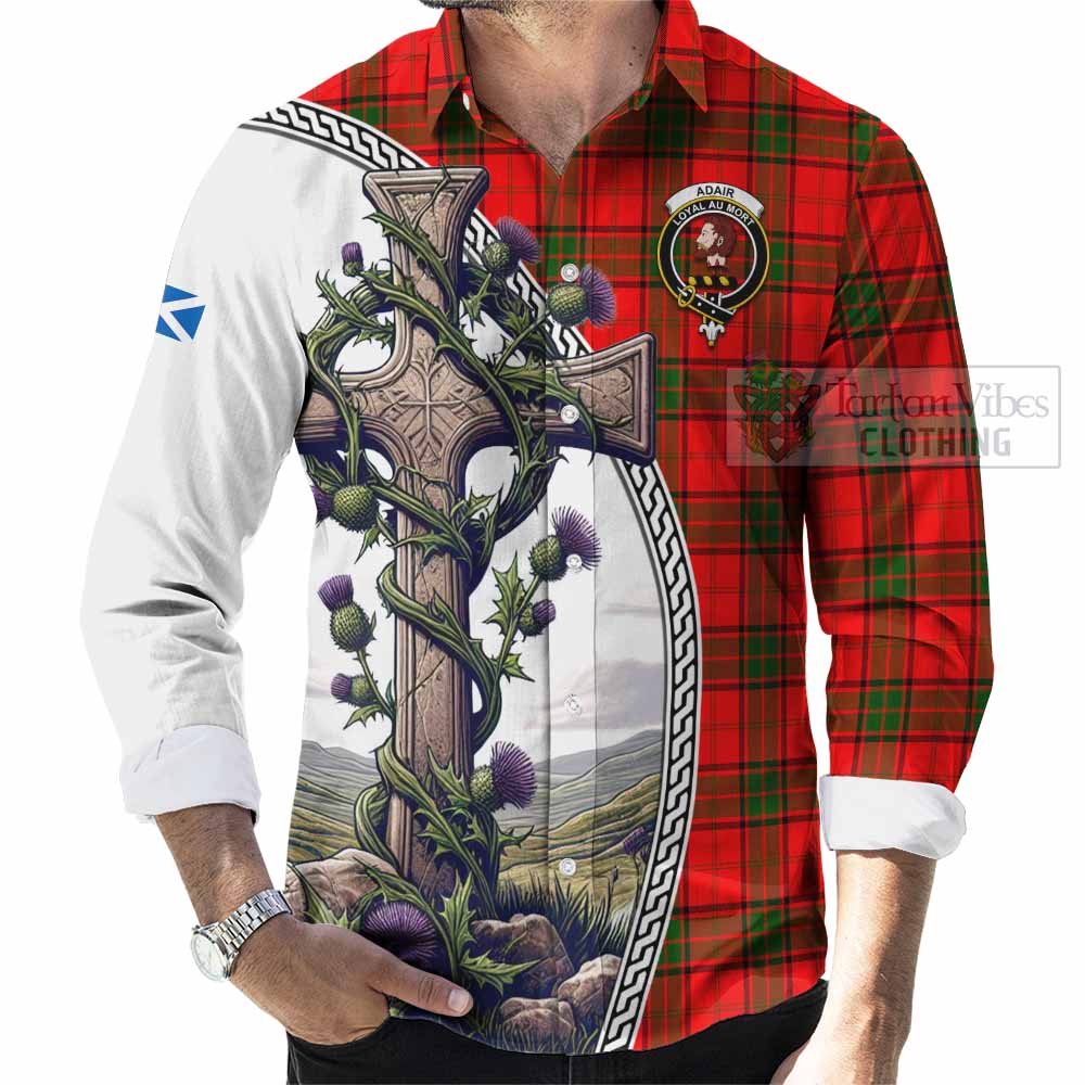 Tartan Vibes Clothing Adair Tartan Long Sleeve Button Shirt with Family Crest and St. Andrew's Cross Accented by Thistle Vines