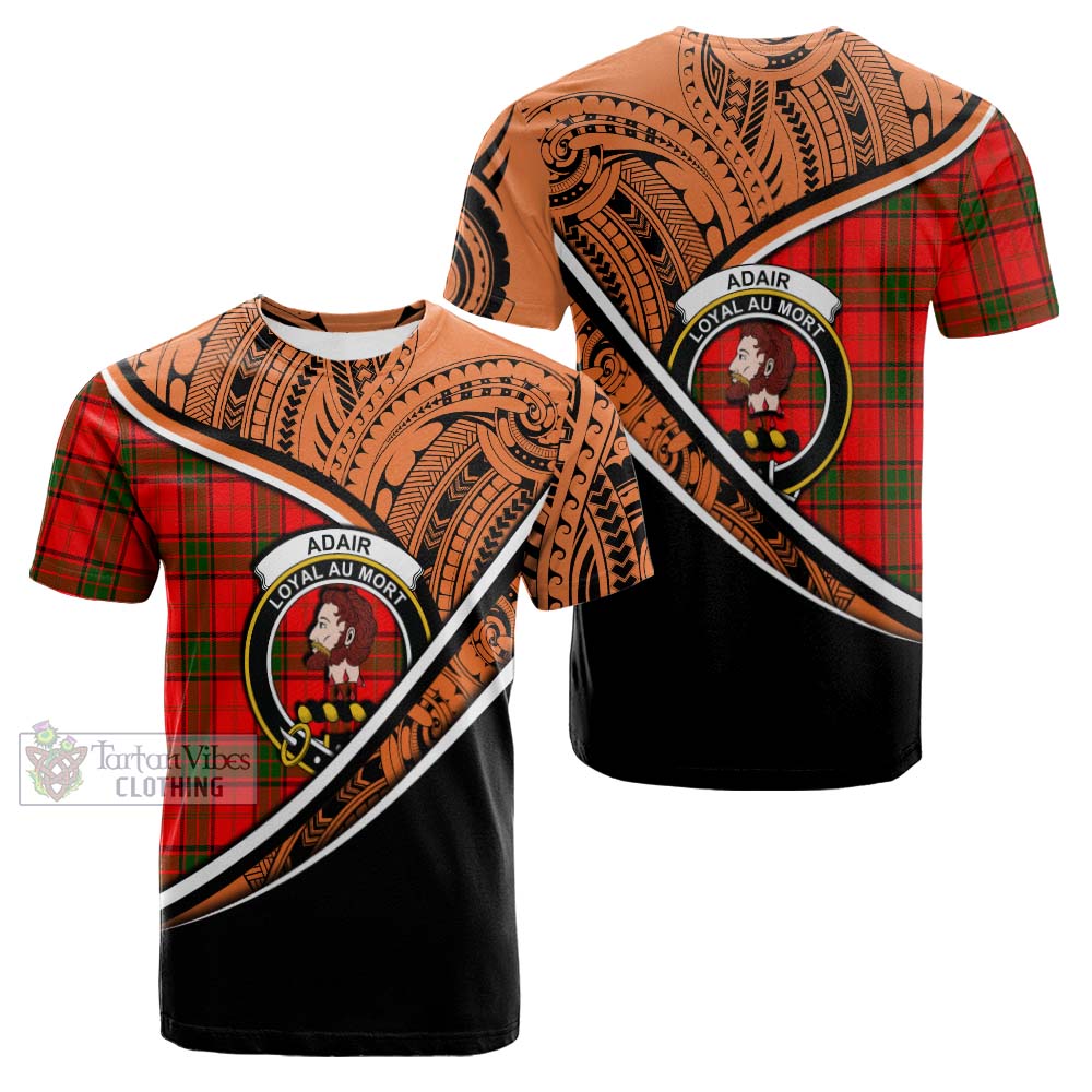 Tartan Vibes Clothing Adair Crest Tartan Cotton T-shirt with Maori Tattoo Style - Orange Version