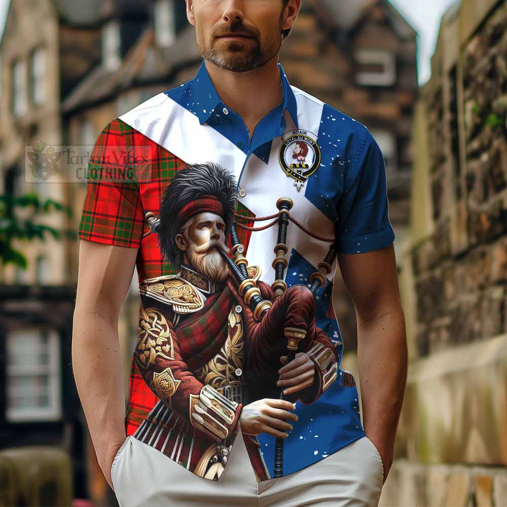 Tartan Vibes Clothing Adair Tartan Short Sleeve Button Shirt with Family Crest Scottish Bagpiper Vibes