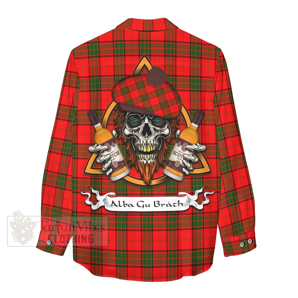 Tartan Vibes Clothing Adair Tartan Women's Casual Shirt with Family Crest and Bearded Skull Holding Bottles of Whiskey