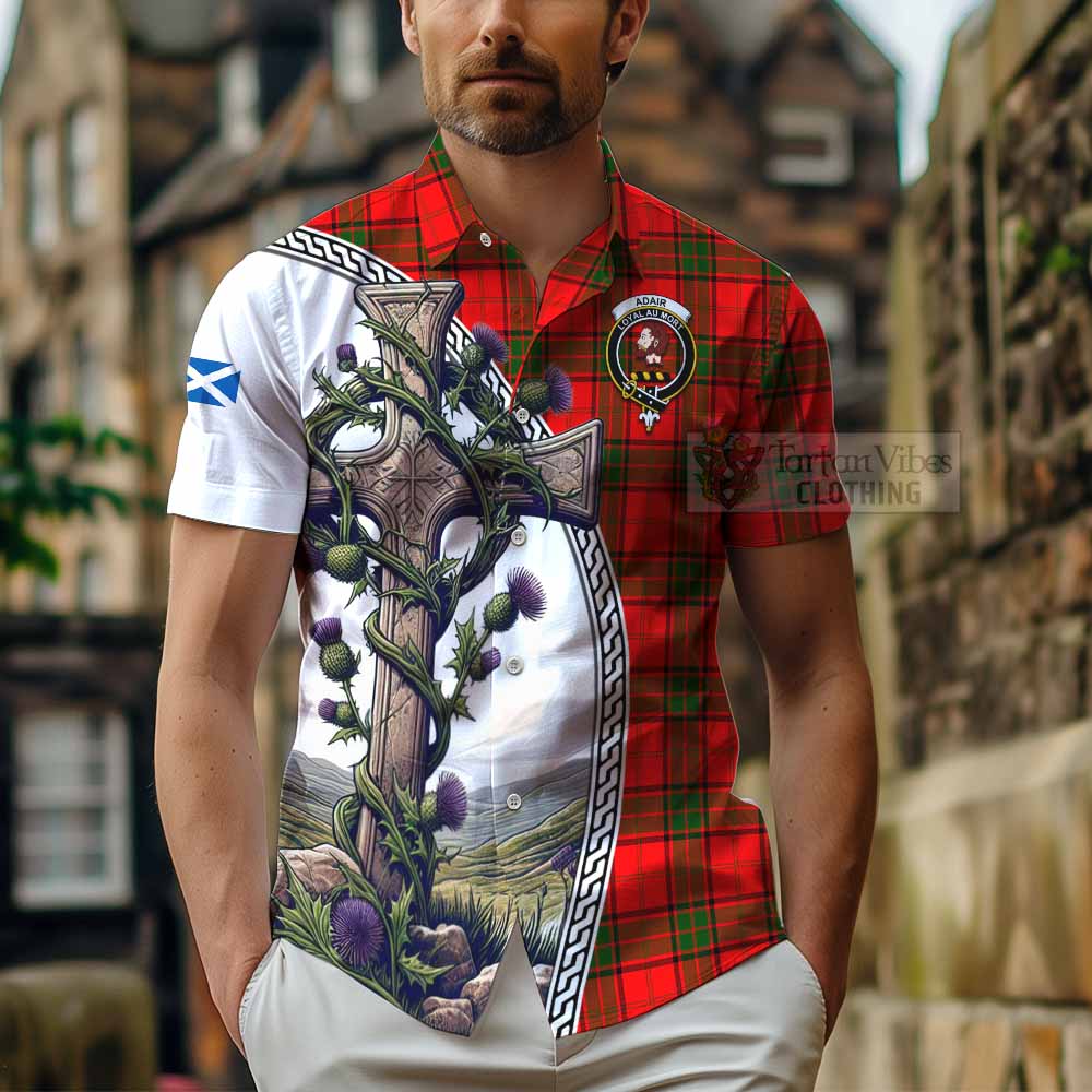 Tartan Vibes Clothing Adair Tartan Short Sleeve Button Shirt with Family Crest and St. Andrew's Cross Accented by Thistle Vines