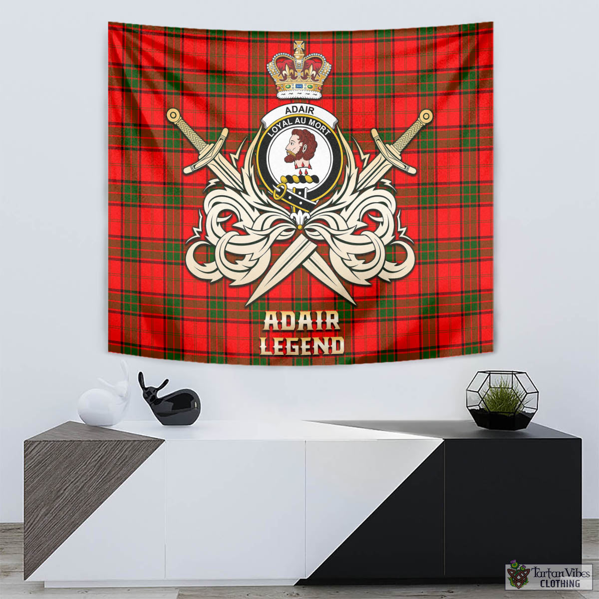 Tartan Vibes Clothing Adair Tartan Tapestry with Clan Crest and the Golden Sword of Courageous Legacy