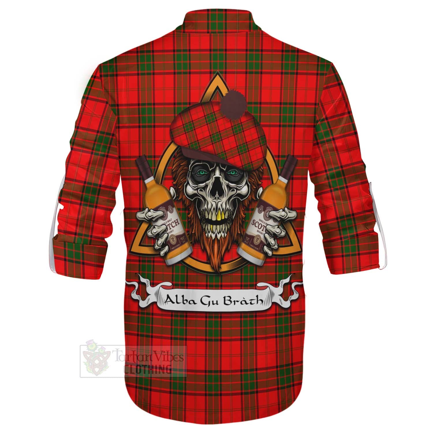 Tartan Vibes Clothing Adair Tartan Ghillie Kilt Shirt with Family Crest and Bearded Skull Holding Bottles of Whiskey