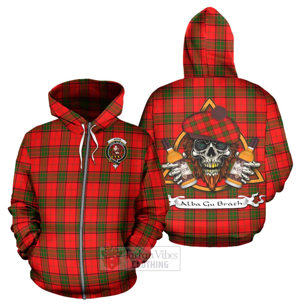 Tartan Vibes Clothing Adair Tartan Hoodie with Family Crest and Bearded Skull Holding Bottles of Whiskey