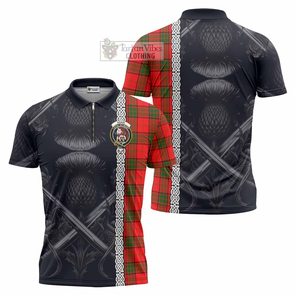 Tartan Vibes Clothing Adair Tartan Zipper Polo Shirt with Family Crest Cross Sword Thistle Celtic Vibes