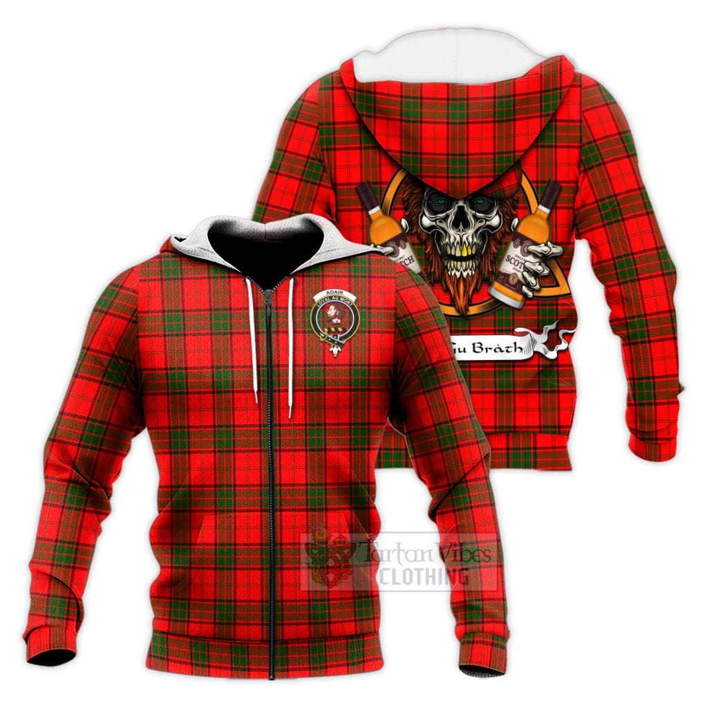 Tartan Vibes Clothing Adair Tartan Knitted Hoodie with Family Crest and Bearded Skull Holding Bottles of Whiskey