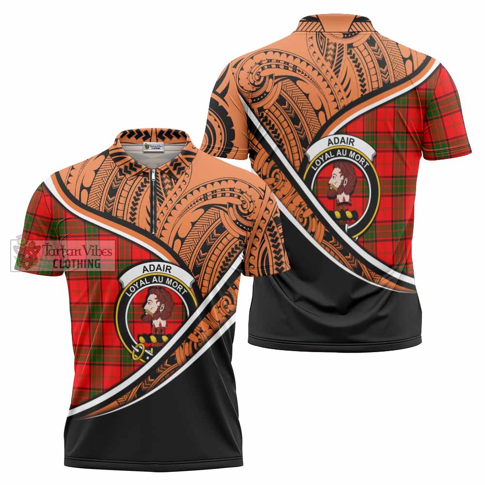 Tartan Vibes Clothing Adair Crest Tartan Zipper Polo Shirt with Maori Tattoo Style - Orange Version