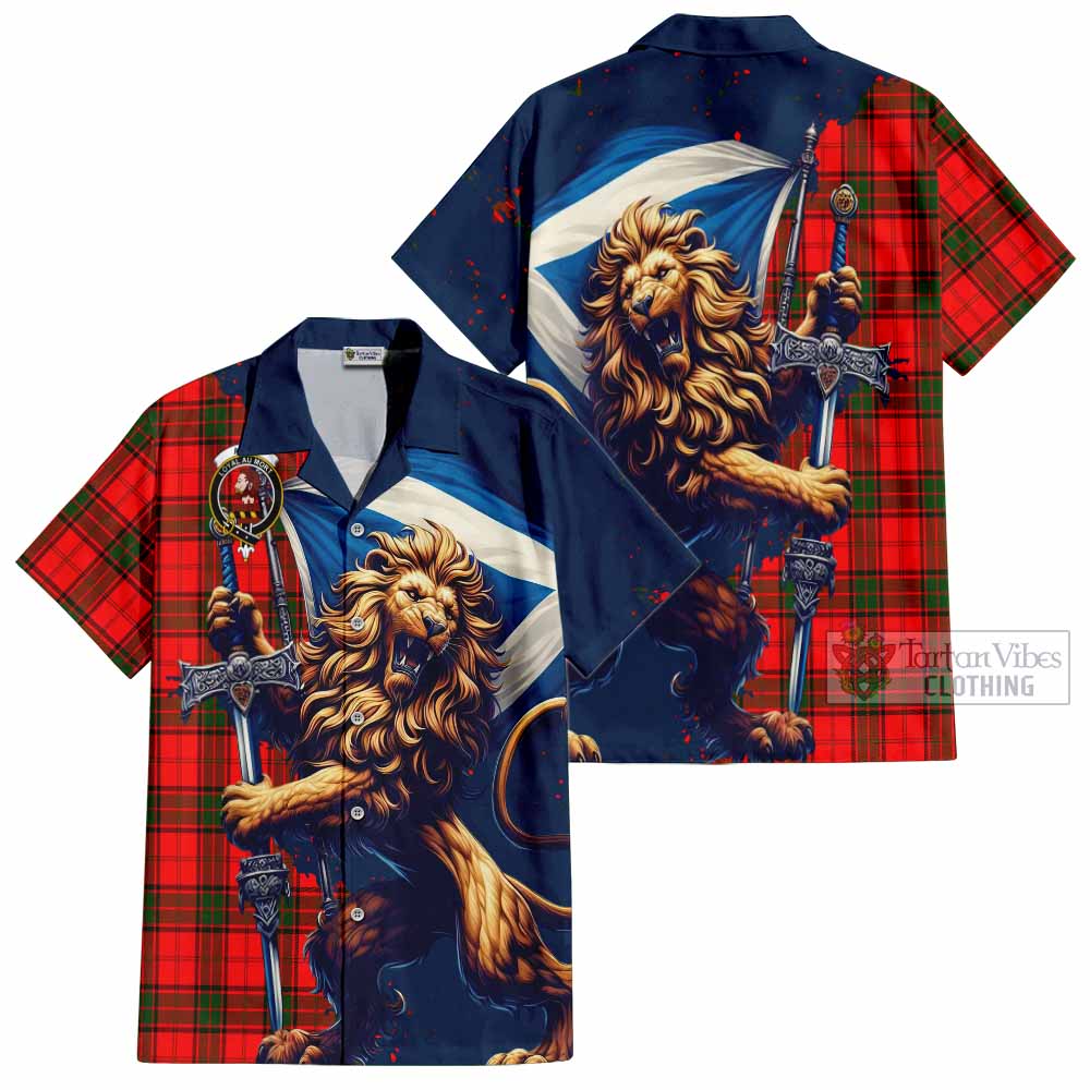 Tartan Vibes Clothing Adair Tartan Family Crest Short Sleeve Button Shirt with Scottish Majestic Lion