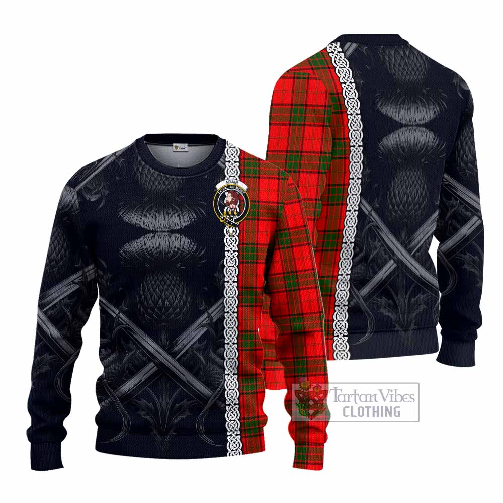 Tartan Vibes Clothing Adair Tartan Knitted Sweater with Family Crest Cross Sword Thistle Celtic Vibes