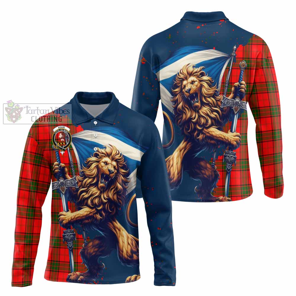 Tartan Vibes Clothing Adair Tartan Family Crest Long Sleeve Polo Shirt with Scottish Majestic Lion