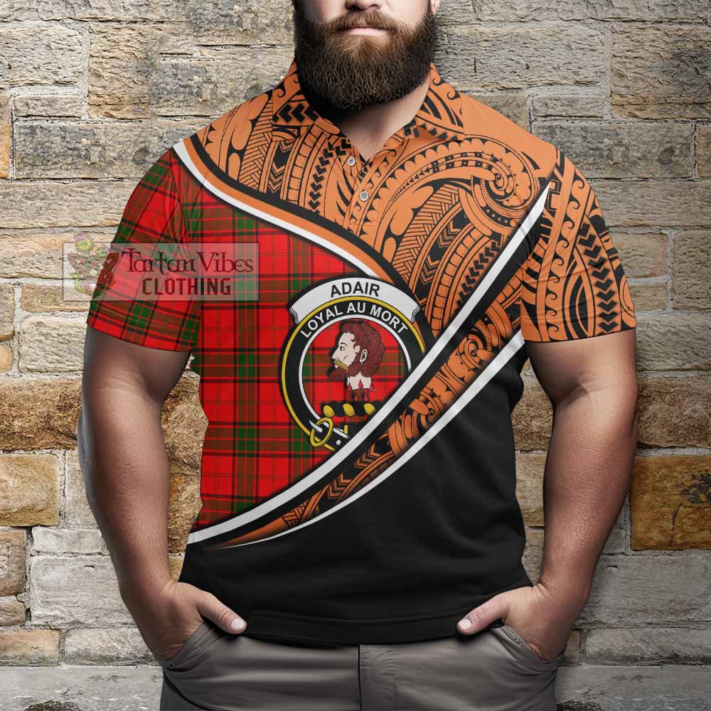 Tartan Vibes Clothing Adair Crest Tartan Polo Shirt with Maori Tattoo Style - Orange Version