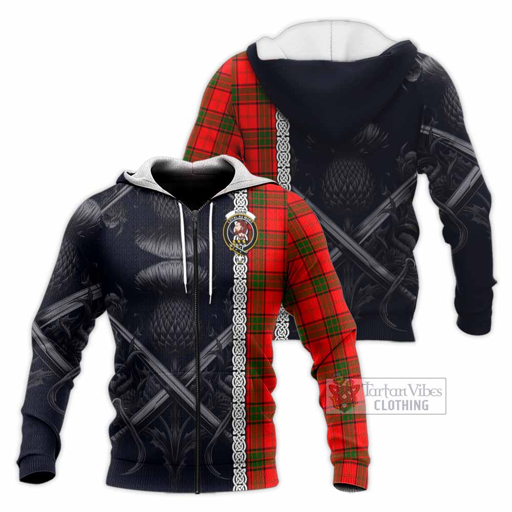 Tartan Vibes Clothing Adair Tartan Knitted Hoodie with Family Crest Cross Sword Thistle Celtic Vibes