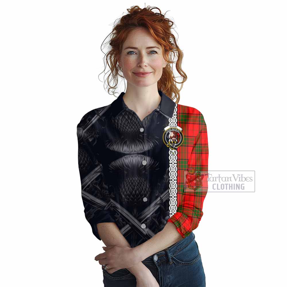 Tartan Vibes Clothing Adair Tartan Women's Casual Shirt with Family Crest Cross Sword Thistle Celtic Vibes