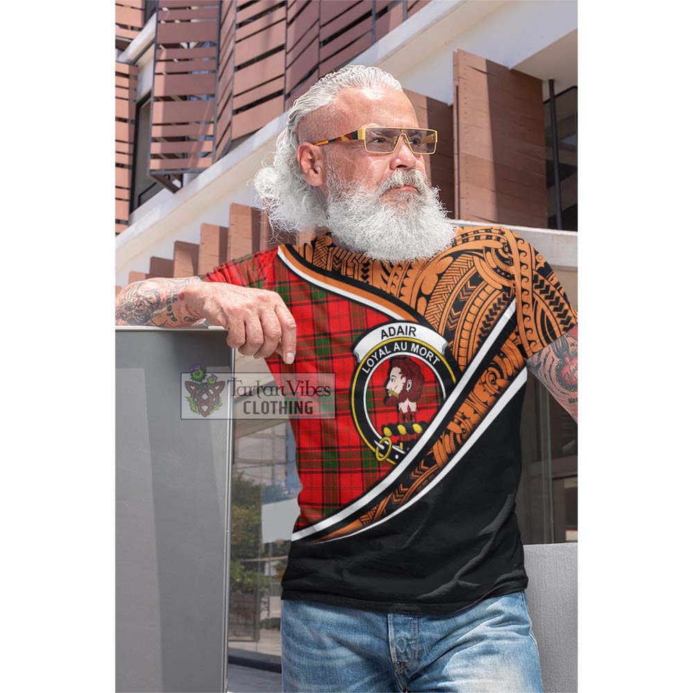 Tartan Vibes Clothing Adair Crest Tartan Cotton T-shirt with Maori Tattoo Style - Orange Version