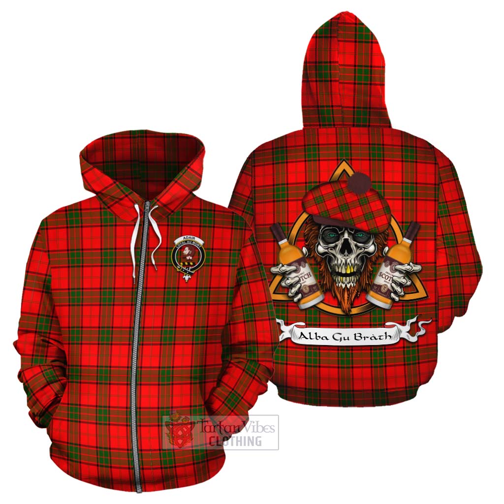 Tartan Vibes Clothing Adair Tartan Cotton Hoodie with Family Crest and Bearded Skull Holding Bottles of Whiskey