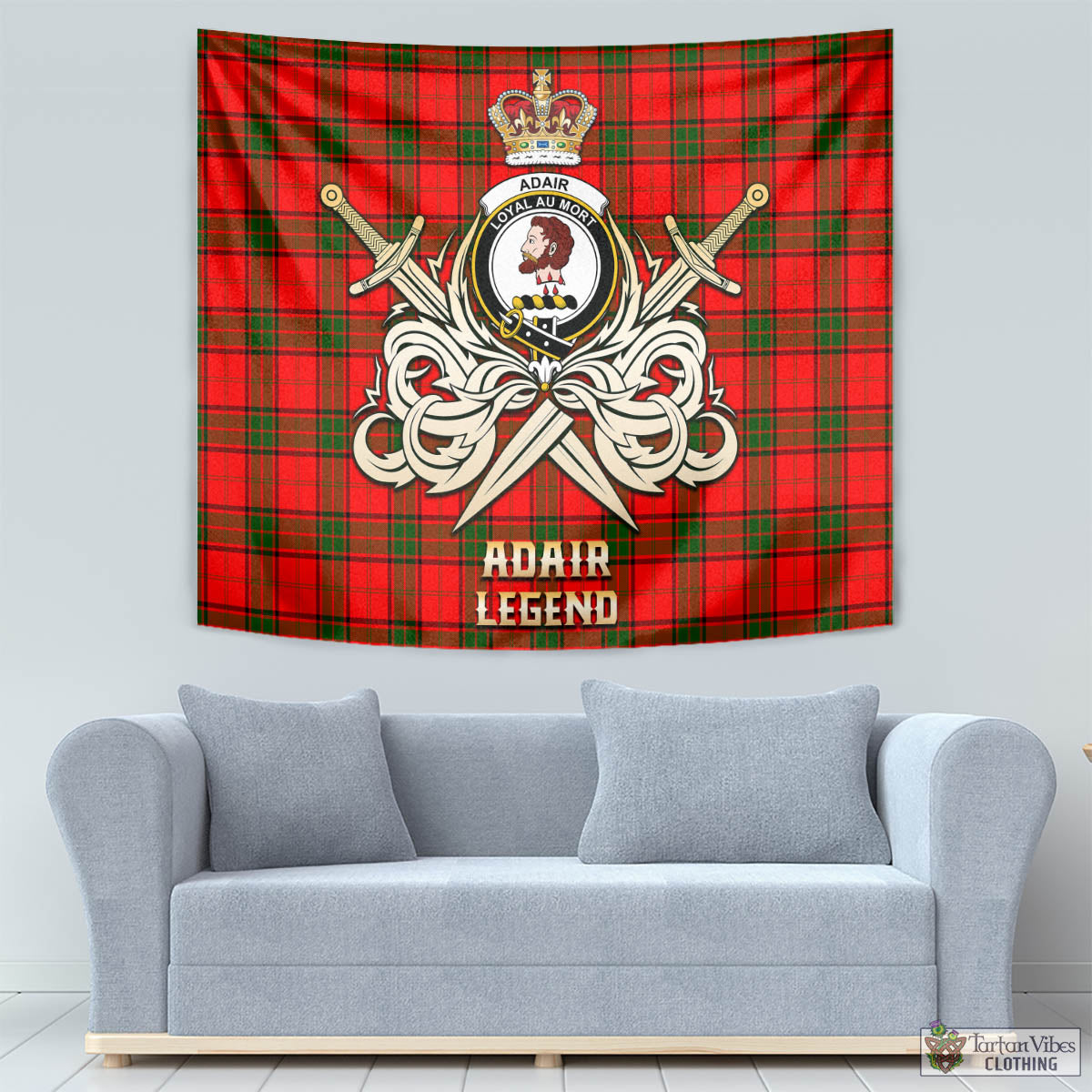 Tartan Vibes Clothing Adair Tartan Tapestry with Clan Crest and the Golden Sword of Courageous Legacy