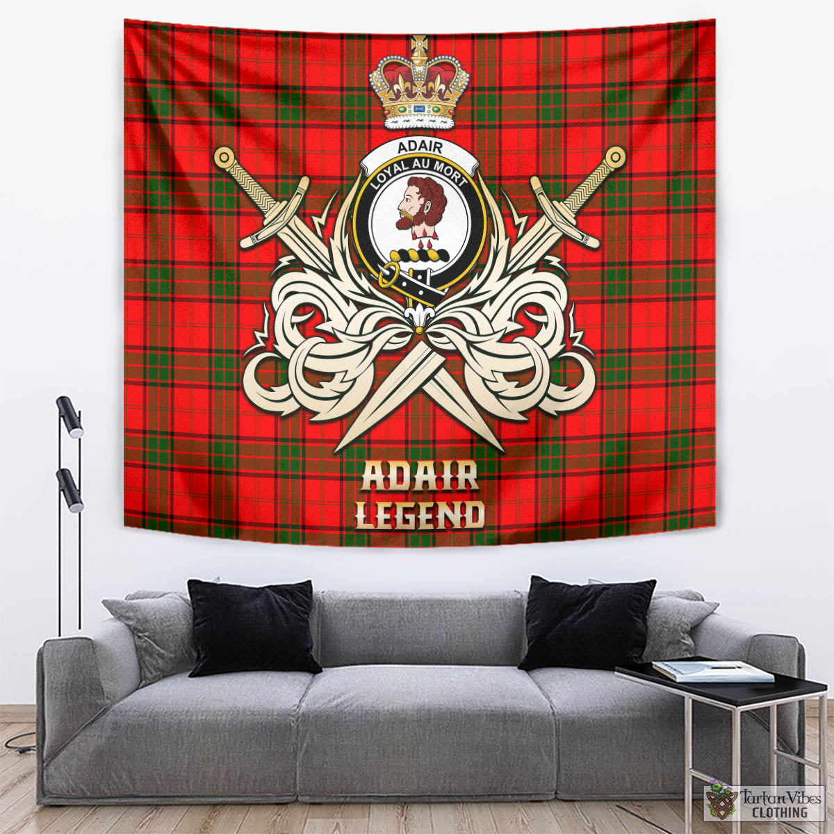 Tartan Vibes Clothing Adair Tartan Tapestry with Clan Crest and the Golden Sword of Courageous Legacy