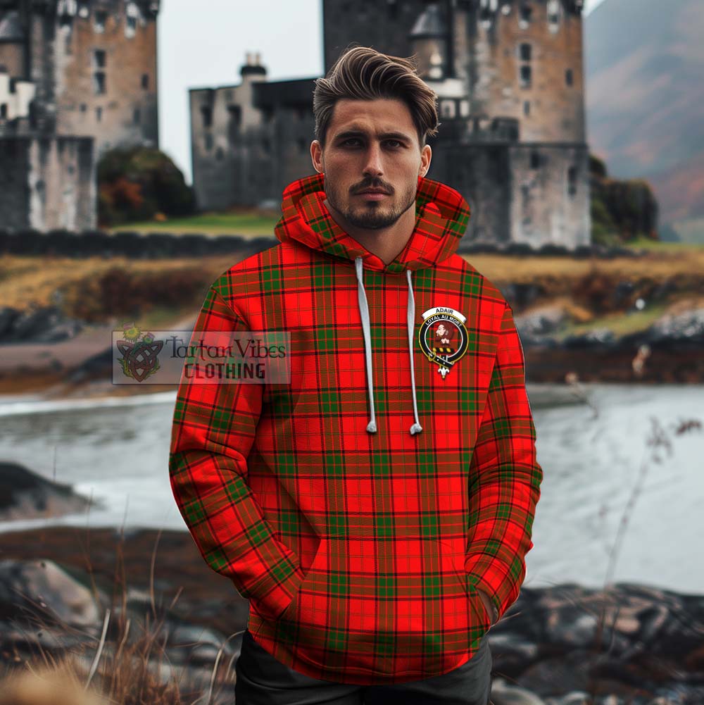 Tartan Vibes Clothing Adair Tartan Cotton Hoodie with Family Crest and Bearded Skull Holding Bottles of Whiskey