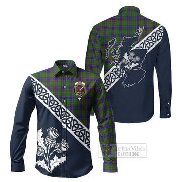 Adam Tartan Long Sleeve Button Shirt Featuring Thistle and Scotland Map