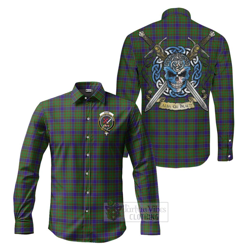 Tartan Vibes Clothing Adam Tartan Long Sleeve Button Shirt with Family Crest Celtic Skull Style