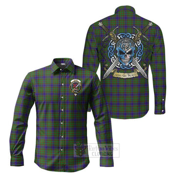 Adam Tartan Long Sleeve Button Shirt with Family Crest Celtic Skull Style