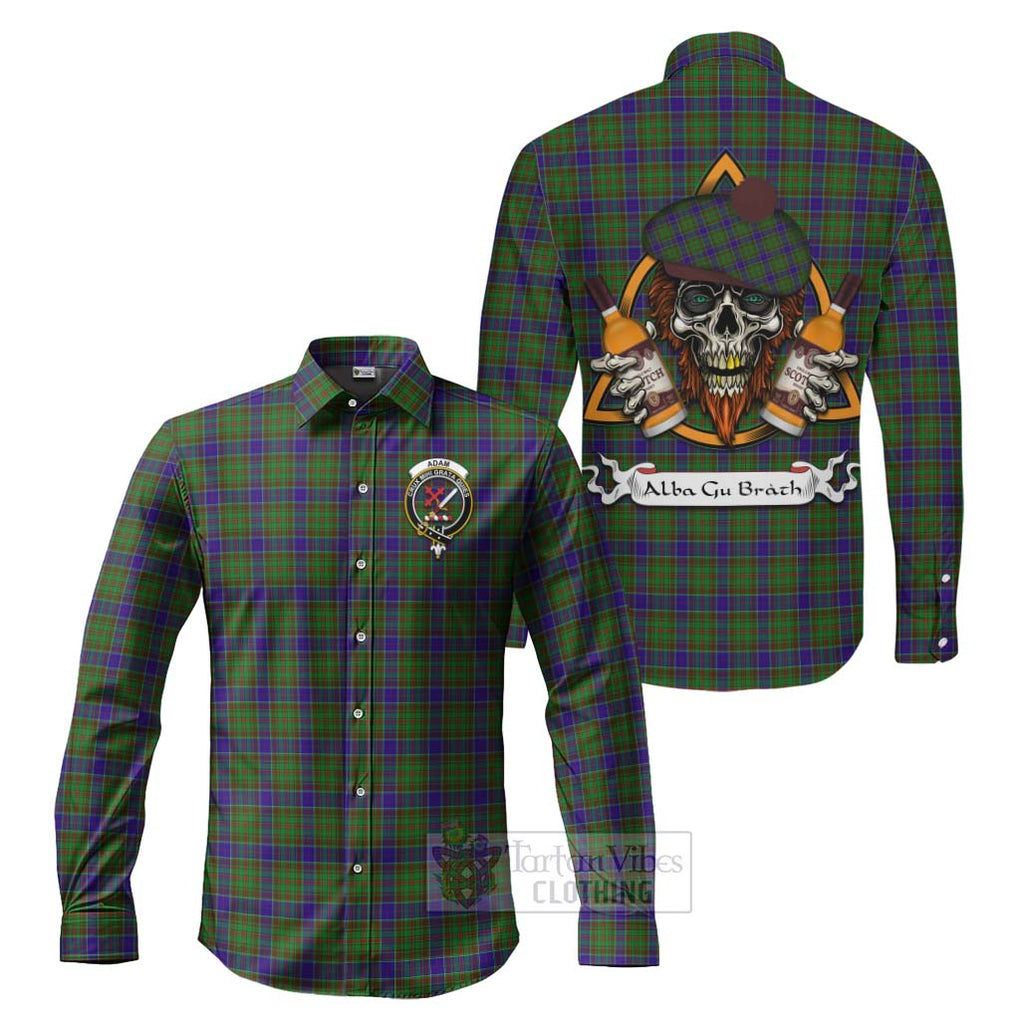 Tartan Vibes Clothing Adam Tartan Long Sleeve Button Shirt with Family Crest and Bearded Skull Holding Bottles of Whiskey