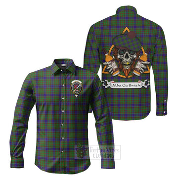 Adam Tartan Long Sleeve Button Shirt with Family Crest and Bearded Skull Holding Bottles of Whiskey