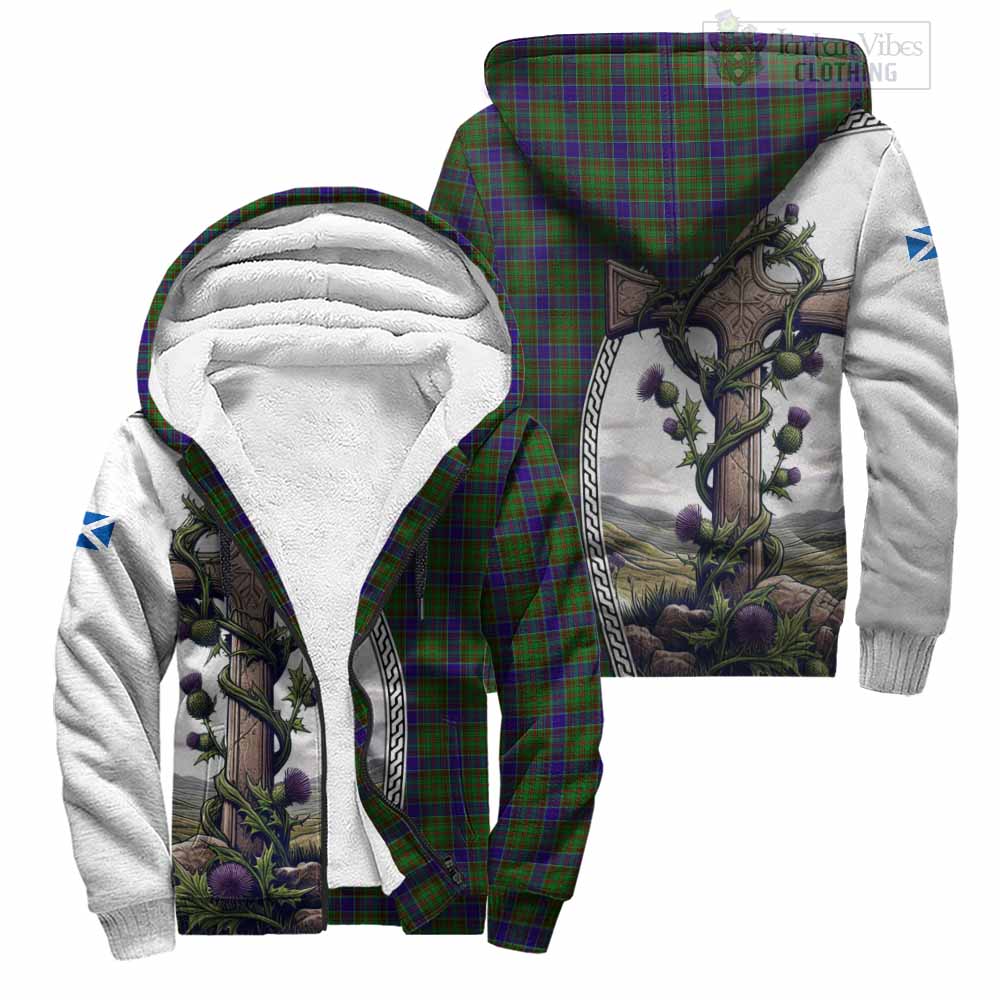 Tartan Vibes Clothing Adam Tartan Sherpa Hoodie with Family Crest and St. Andrew's Cross Accented by Thistle Vines