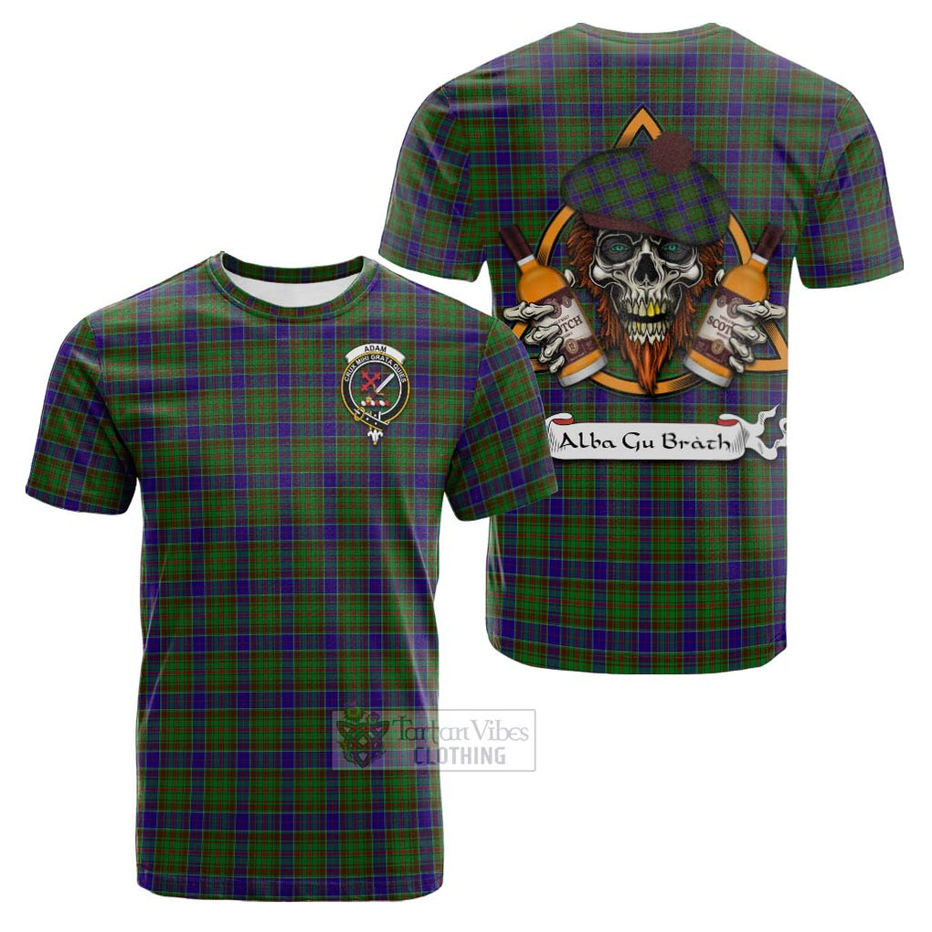 Tartan Vibes Clothing Adam Tartan Cotton T-shirt with Family Crest and Bearded Skull Holding Bottles of Whiskey