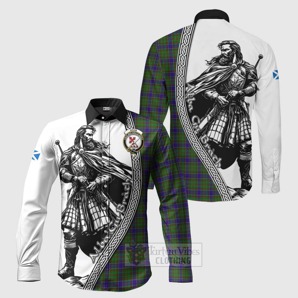 Tartan Vibes Clothing Adam Tartan Clan Crest Long Sleeve Button Shirt with Highlander Warrior Celtic Style