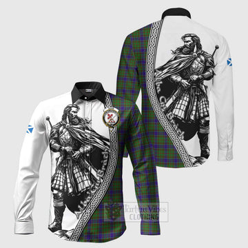 Adam Tartan Clan Crest Long Sleeve Button Shirt with Highlander Warrior Celtic Style